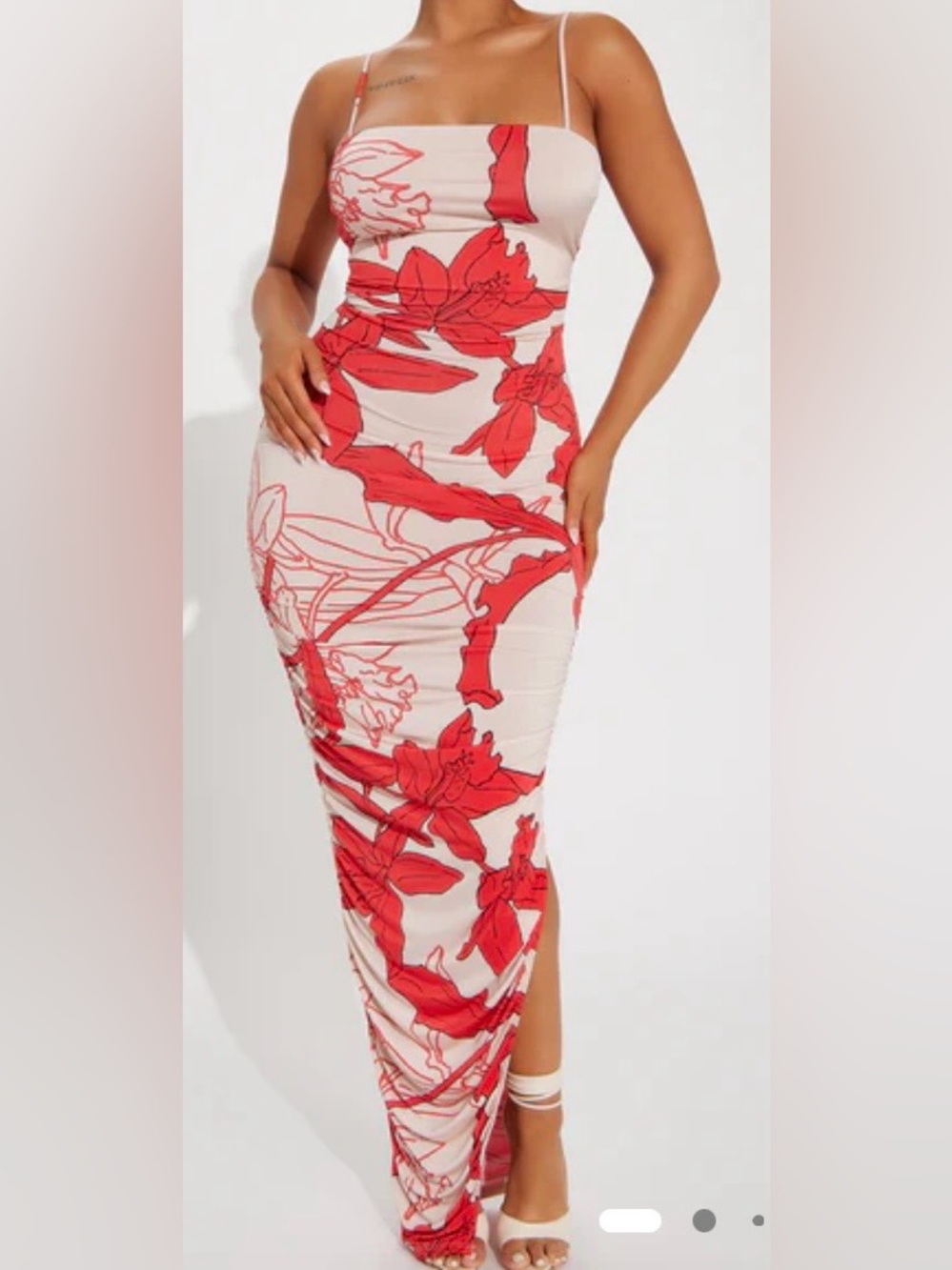 Fashion Nova Cream Maxi Dress with Red Floral Print